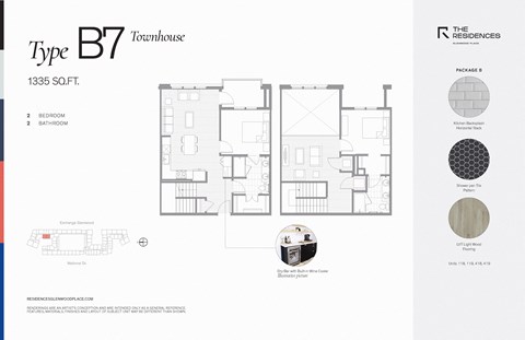 Floor plan for 2 beds, 2.5 baths, 1335 sqft